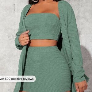 Drop Shoulder Open Front Coat & Tube Top & Skirt